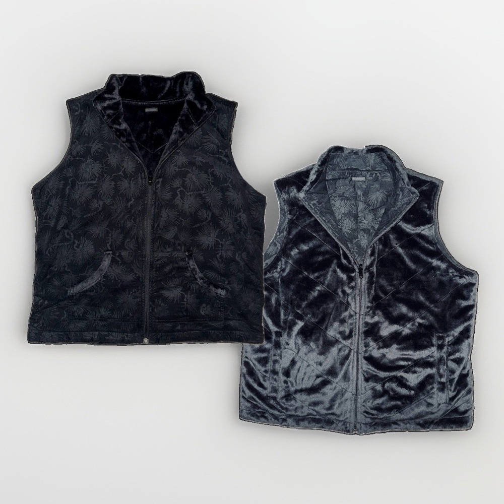 Columbia Reversible Vest Black Floral Corduroy Plush Faux Fur Fleece Womens L